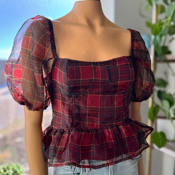 Andy Plaid Puff Sleeve Blouse by Audrey Parks of Francesca’s, NWT, Sizes: S & L - Picture 3 of 10